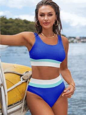 Blue Stripe High-Waist Bikini